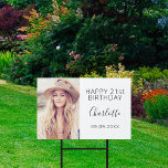 Birthday party white black woman photo garden sign<br><div class="desc">Celebrating a 21st (or any age) milestone birthday for a girl/woman.  An elegant modern white background. Personalize and add your own photo of the birthday girl.  The text: The name in black with a modern hand lettered style script. Personalize and add a name,  age 21 and a date.</div>