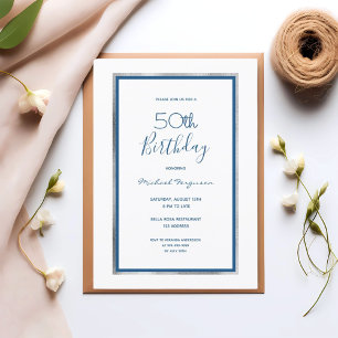 Birthday party white blue silver minimalist invitation