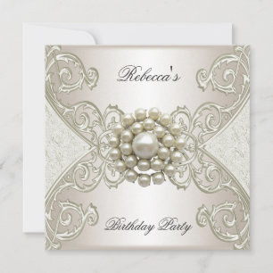 Birthday Party White Cream Pearl Invitation