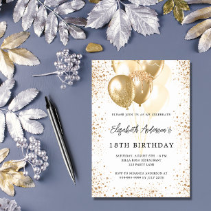 Birthday party white gold glitter balloons invitation