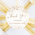 Birthday Party white gold glitter name Thank You Classic Round Sticker<br><div class="desc">A sticker for a girly and glamourous 50th (or any age) birthday party.  A stylish white background with dark faux gold glitter dust. The text: Thank You is written with a large modern hand lettered style script. Personalize and add a name and age 50.</div>