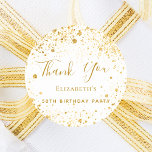 Birthday Party white gold glitter name Thank You Classic Round Sticker<br><div class="desc">A sticker for a girly and glamourous 50th (or any age) birthday party.  A stylish white background with an elegant faux gold glitter dust. The text: Thank You is written with a large modern hand lettered style script. Personalize and add a name and age 50.</div>