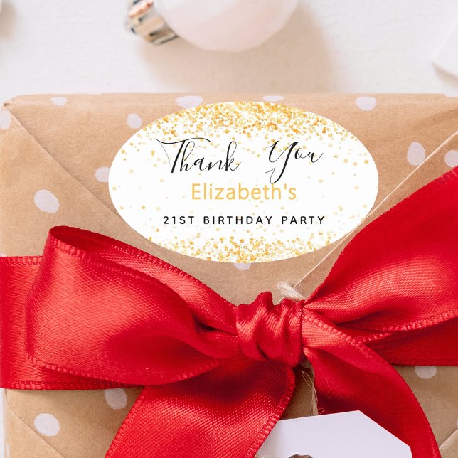 Birthday Party white gold name Thank You Oval Sticker (Creator Uploaded)