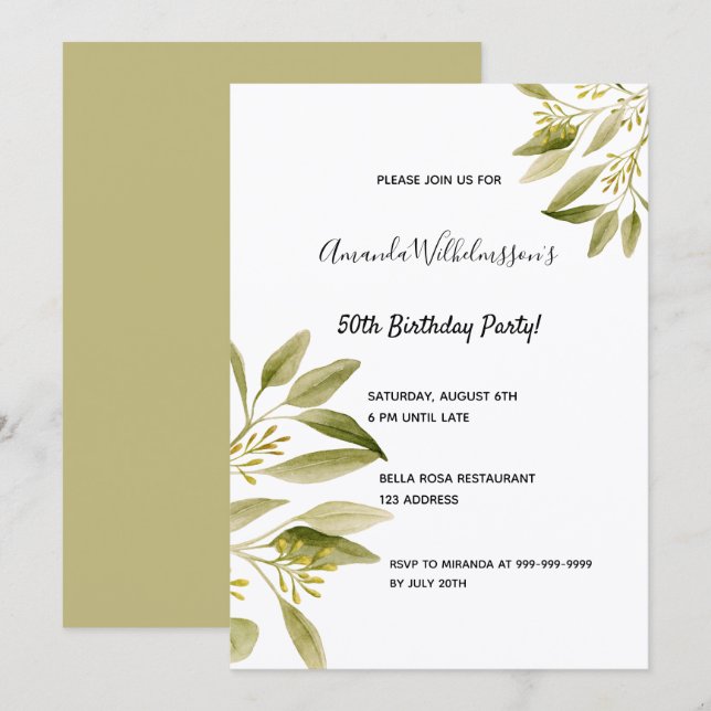 Birthday party white olive green botanicals chic invitation (Front/Back)