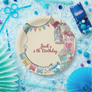 Birthday party with balloons and gifts for kids paper plate