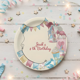 Birthday party with balloons and gifts for kids paper plate