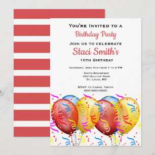 Birthday Party with Balloons Girl 10  Invitation