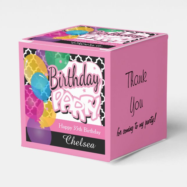 Birthday Party with Balloons in Pink Favor Box (Front Side)