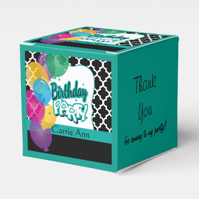 Birthday Party with Balloons in Teal Favor Box (Front Side)