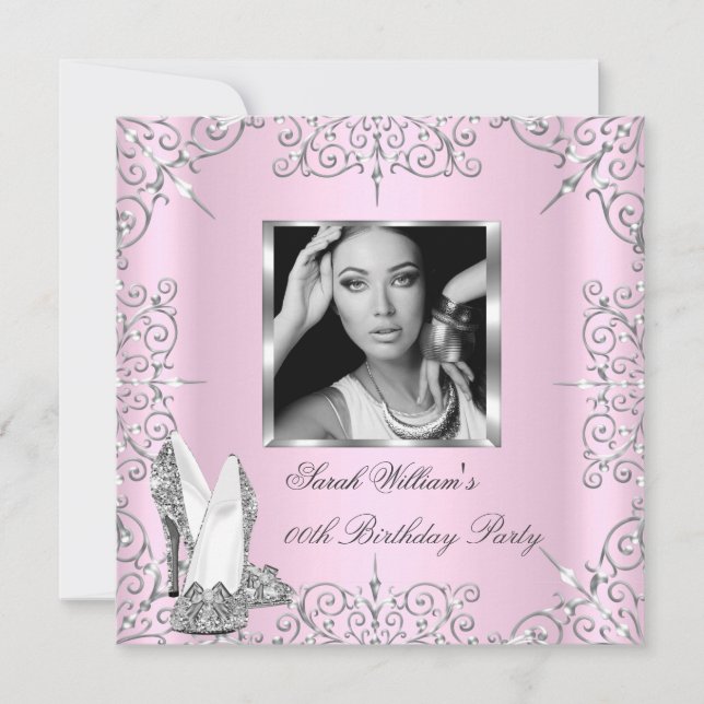 Birthday Party Women's Pink Silver Heels Photo Invitation (Front)