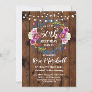 Birthday Party Wood Pink Floral Wreath Invite