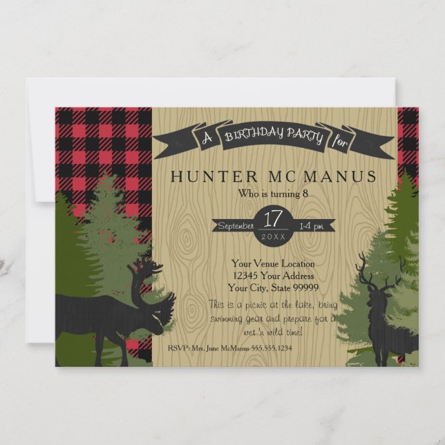 Birthday Party Woodland Forest Lumberjack Plaid Invitation (Front)