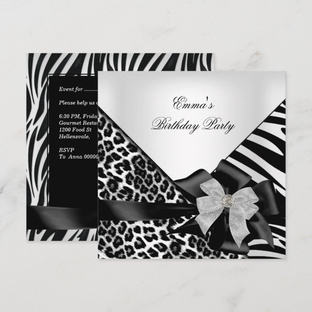Birthday Party Zebra Leopard Elegant Black white Invitation (Front/Back)