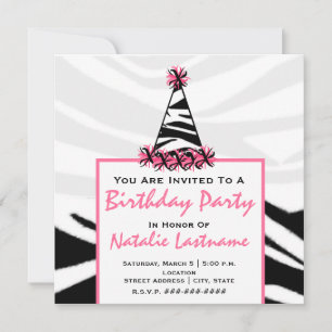 Birthday Party - Zebra Print & Pink Party Hat Invitation