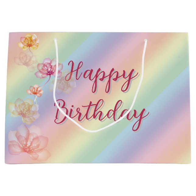 Birthday Pastel Rainbow With Flowers Large Gift Bag (Front)
