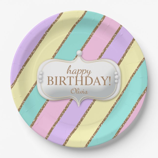 Birthday Pastel Stripes Unicorn Birthday Rainbow Paper Plate (Front)