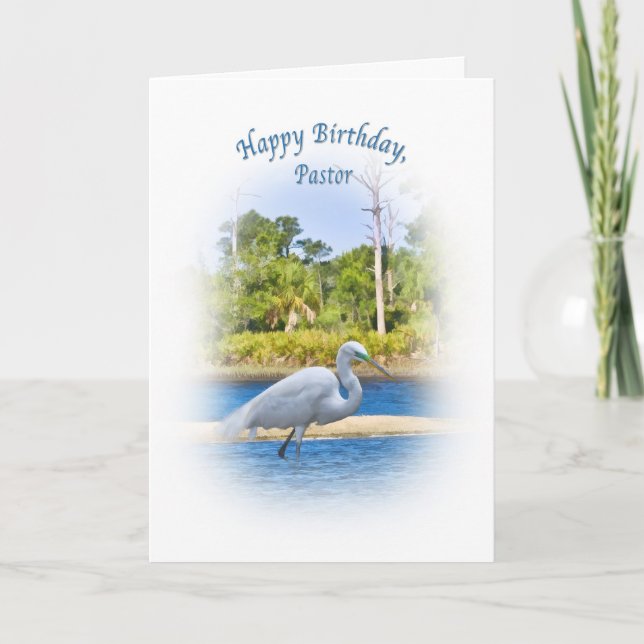 Birthday, Pastor, Great Egret Card (Front)