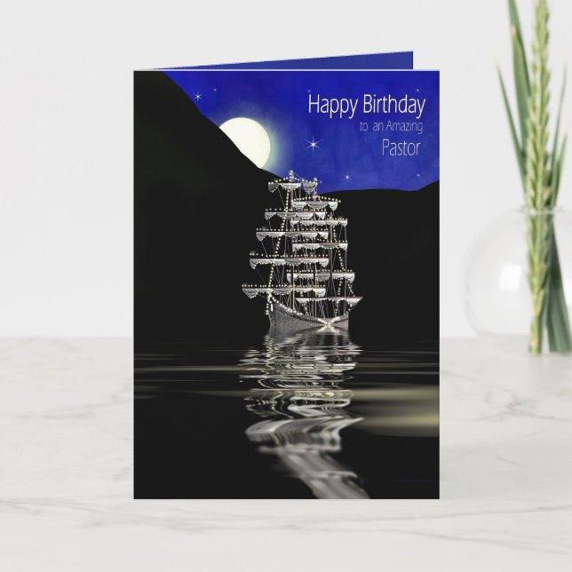 Birthday, Pastor,  Ship with Sails, Night Card (Front)