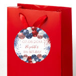 Birthday patriotic USA red white blue flag Classic Round Sticker<br><div class="desc">A sticker for a 18th (or any age)  birthday party. White background. Decorated with patriotic colored  balloons in red blue and white. Blue and red sparkles. Personalize and add a date,  name and age.</div>