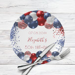 Birthday patriotic USA red white blue flag Paper Plate<br><div class="desc">For a 50th (or any age) birthday party. White background. Decorated with patriotic coloured  balloons in red blue and white. Blue and red sparkles. Personalize and add a date,  name and age.</div>