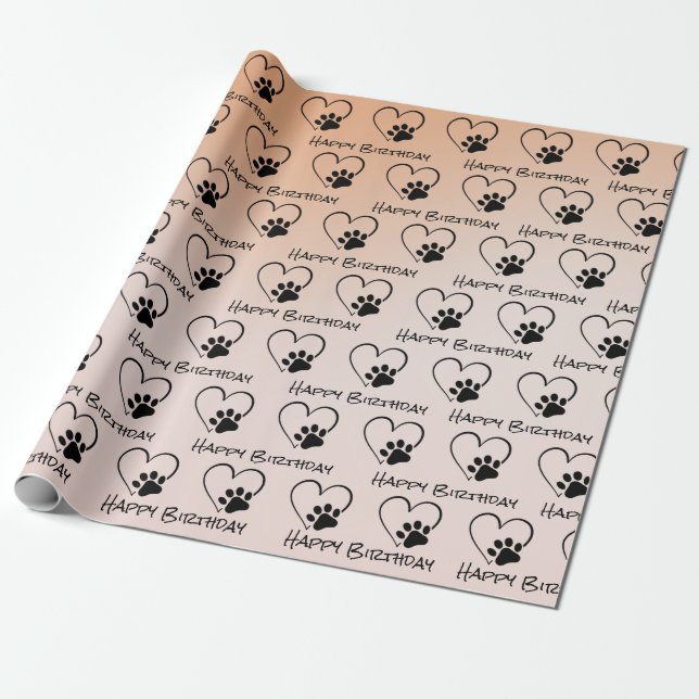 Birthday Paw Print with Hearts Wrapping Paper (Unrolled)