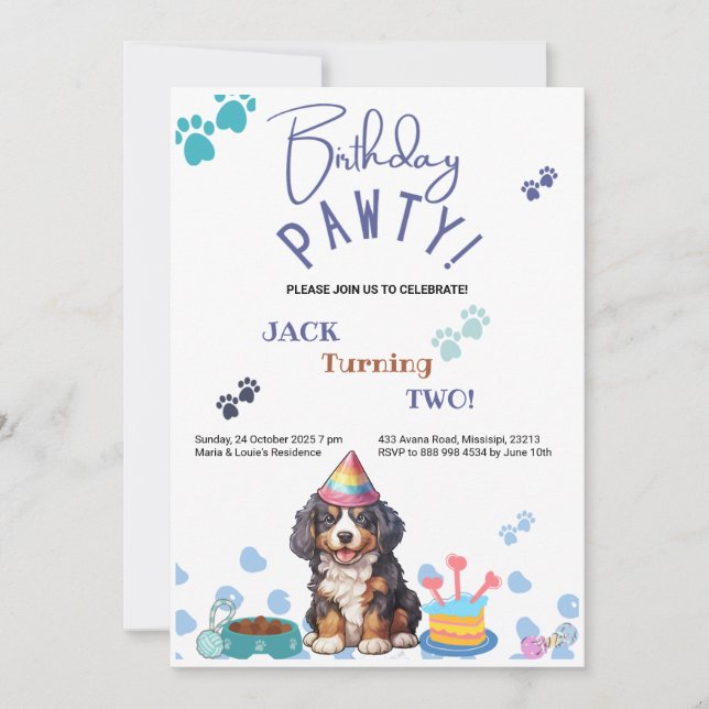 Birthday Pawty Bernese Mountain Dog Birthday Invitation (Front)