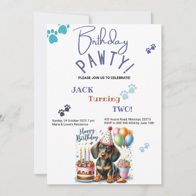 Birthday Pawty Dachshund Dog Personalized Birthday Invitation (Front)