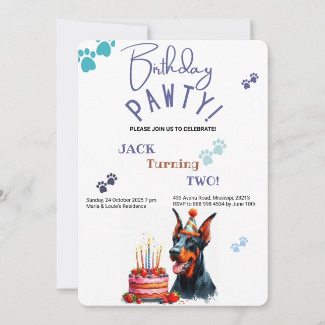 Birthday Pawty Doberman Pincher Dog Birthday Invitation (Front)