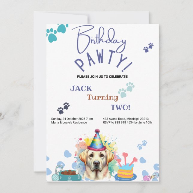 Birthday Pawty Labrador Retriever Dog Birthday Invitation (Front)