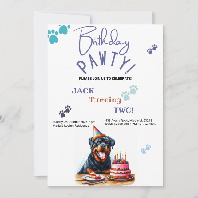 Birthday Pawty Rottweiler Dog Customized Birthday Invitation (Front)
