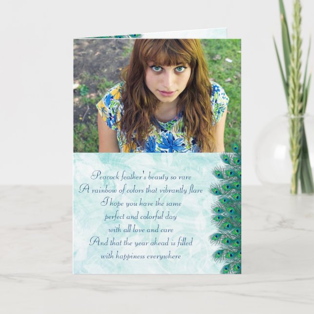 Birthday peacock feathers photo cards (Front)
