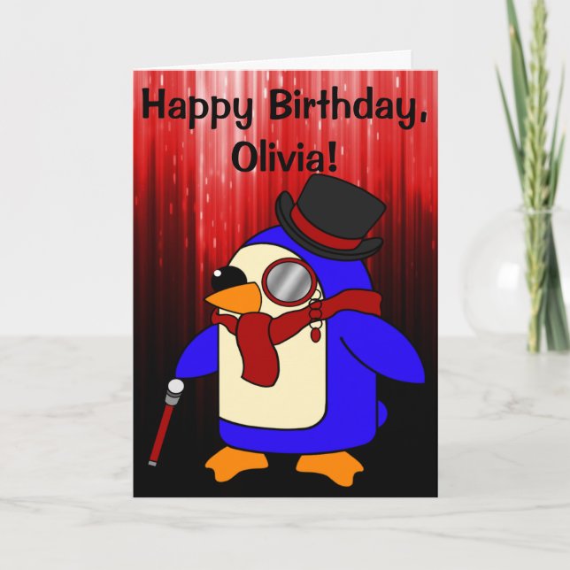 Birthday Penguin Black and Red Customizable Card (Front)