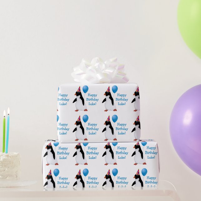 Birthday Penguin Blue Balloon Name Wrapping Paper (Party Gifts)