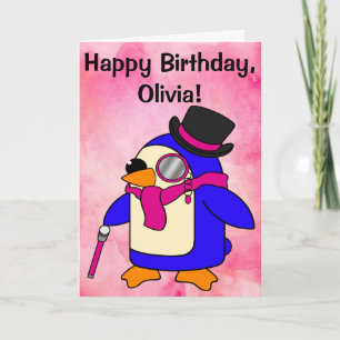 Birthday Penguin Flowery Pastel Pink Customisable Card