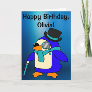 Birthday Penguin Frosty Blue Customisable Card
