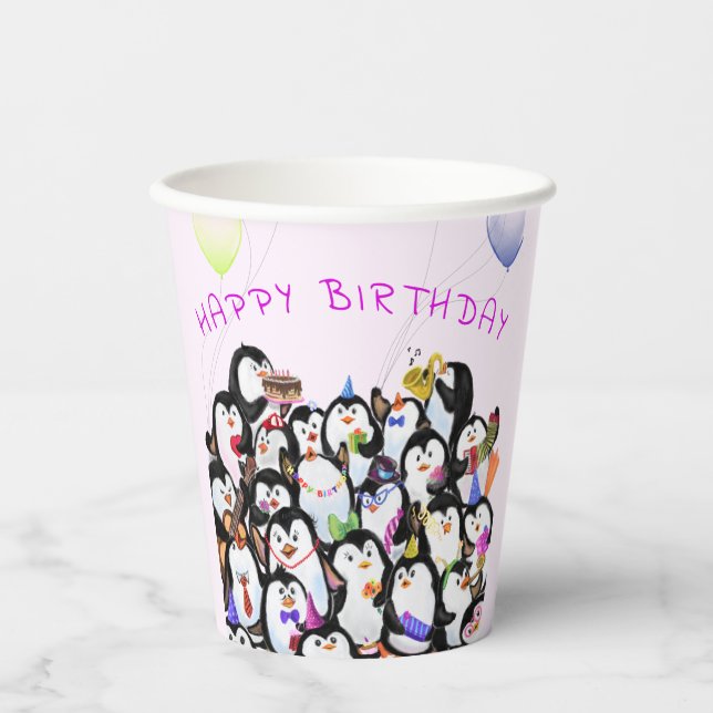 Birthday Penguin Party Paper Cups - Custom Text (Front)