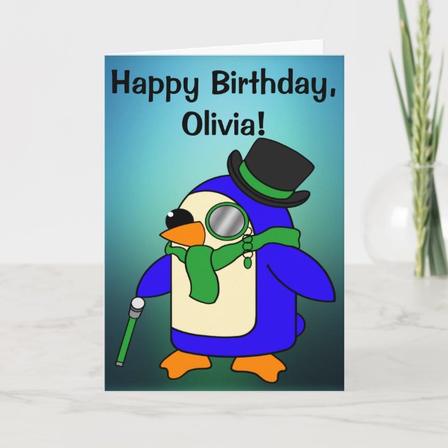 Birthday Penguin Teal Emerald Green Customizable Card (Front)
