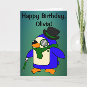 Birthday Penguin Teal Grassy Emerald Customisable Card