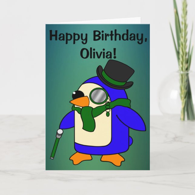 Birthday Penguin Teal Grassy Emerald Customizable Card (Front)