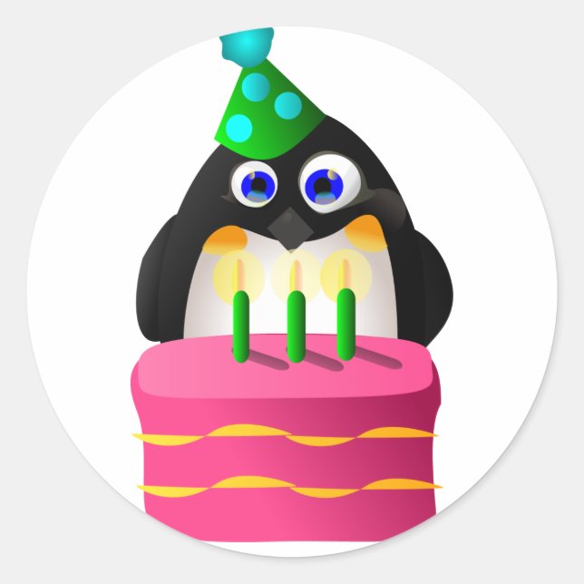 Birthday Penguin With Cake Classic Round Sticker (Front)