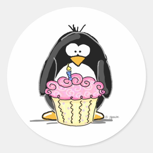 Birthday Penguin with Cupcake Classic Round Sticker (Front)