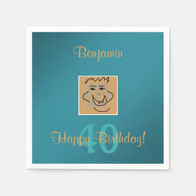 Birthday Personal Photo and Custom Text Teal Napkin (Front)