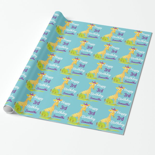 Birthday Personalized Girls Watercoler Giraffe Wrapping Paper (Unrolled)