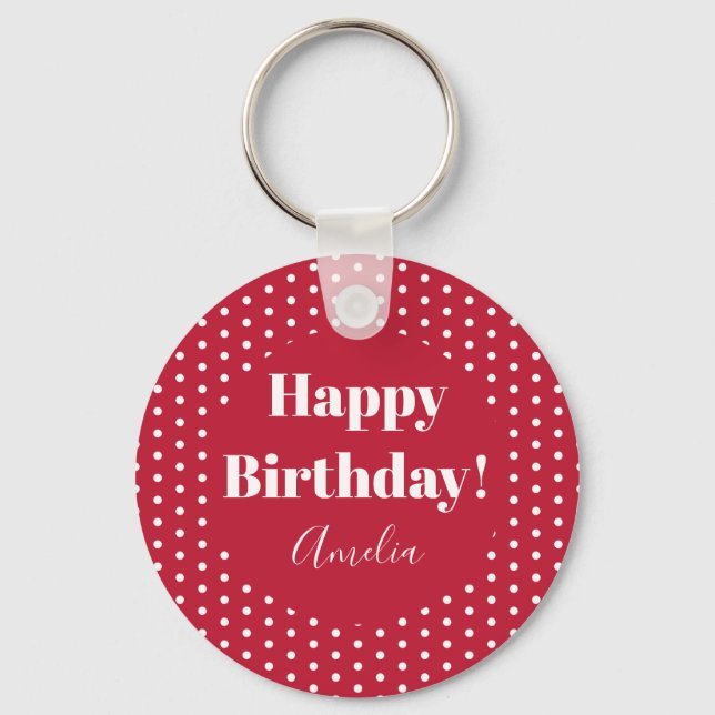 Birthday Personalized Happy Birthday Red Polka Dot Keychain (Front)