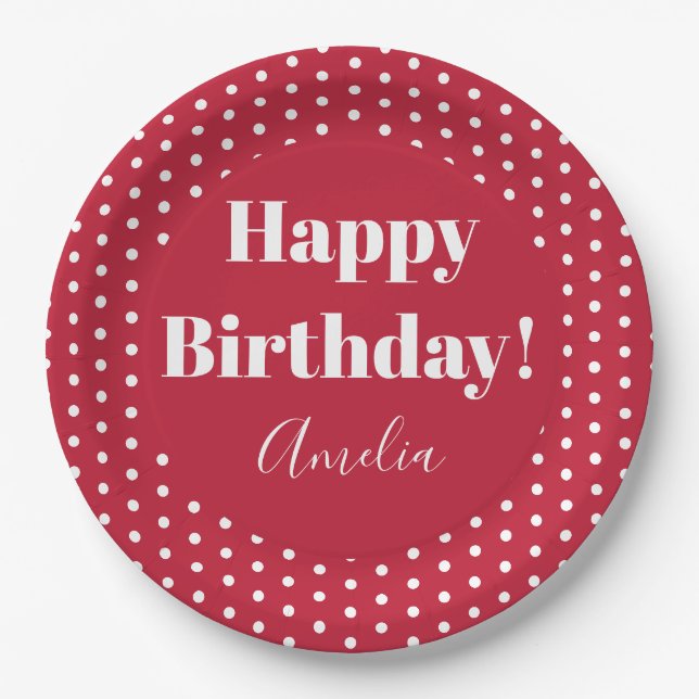 Birthday Personalized Happy Birthday Red Polka Dot Paper Plate (Front)