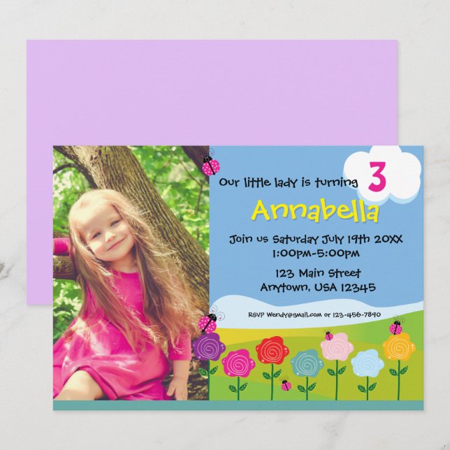 Birthday Personalized Invitation Lady Bug Florals  (Front/Back)