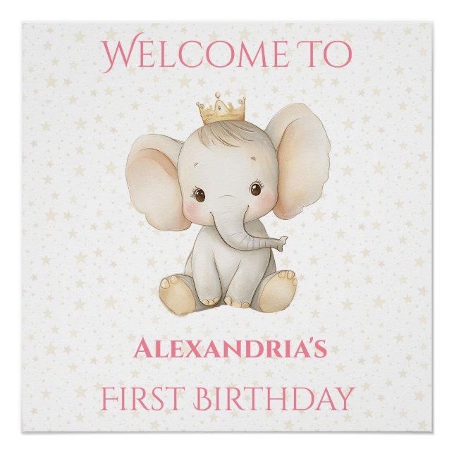  Birthday Personalized Princess Elephant Welcome Poster (Front)