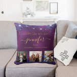 Birthday photo best friend purple blue gold names throw pillow<br><div class="desc">A gift from friends for a woman's 21st birthday, celebrating her life with 3 of your photos of her, her friends, family, interest or pets. Personalize and add her name, age 21 and your names. Golden coloured letters. A chic feminine purple background colour. The purple colour is uneven. Decorated with...</div>
