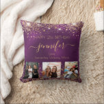 Birthday photo best friend purple gold names throw pillow<br><div class="desc">A gift from friends for a woman's 21st birthday, celebrating her life with 3 of your photos of her, her friends, family, interest or pets. Personalize and add her name, age 21 and your names. Golden coloured letters. A chic feminine purple background colour. The purple colour is uneven. Decorated with...</div>