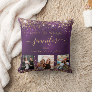 Birthday photo best friend purple gold names throw pillow